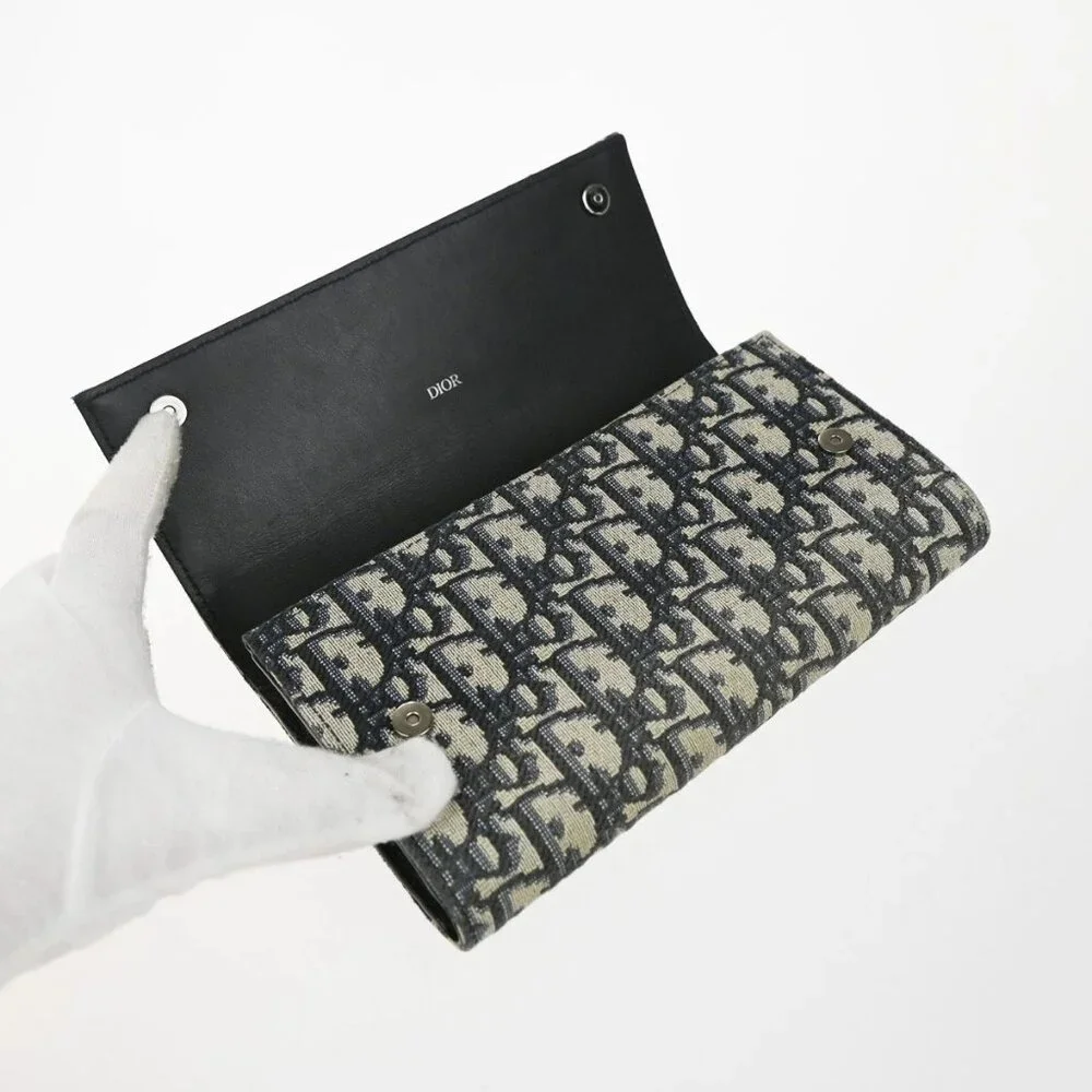 CHRISTIAN DIOR Logo Trotter Oblique Long Wallet Jacquard Leather Blue 81EG317